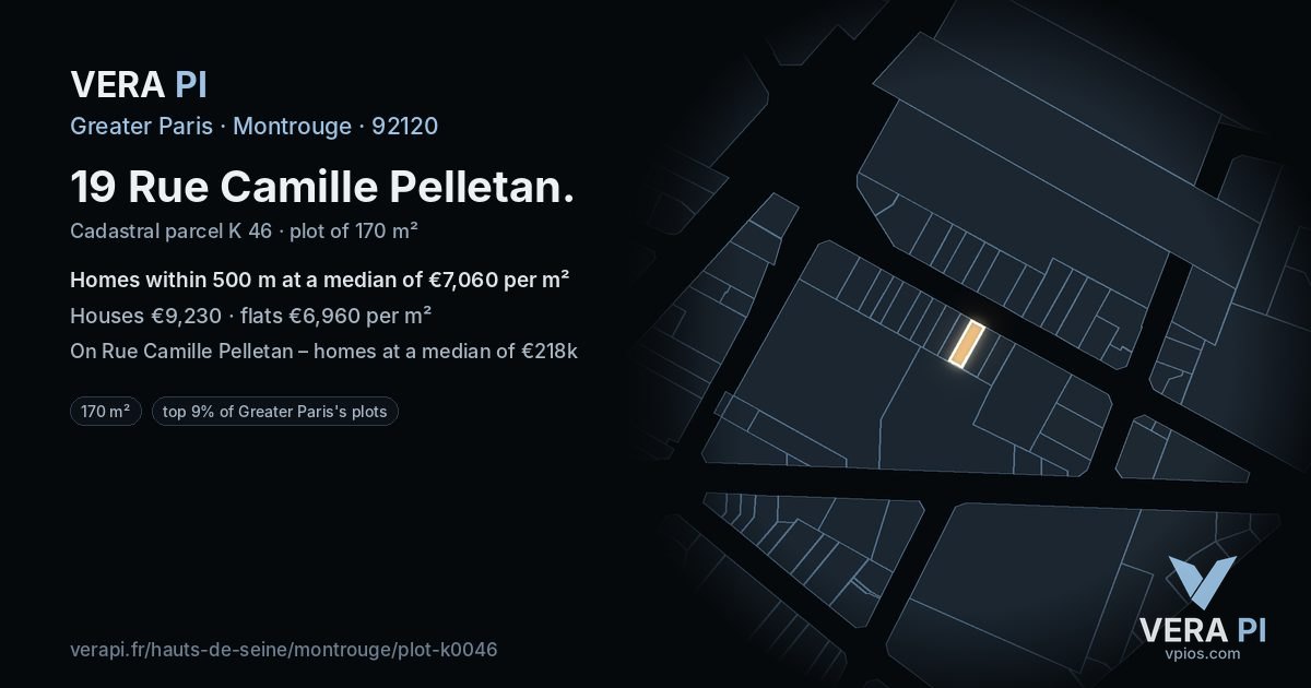 19 Rue Camille Pelletan, Montrouge at night – the plot lit, the parcels around coloured by the prices near them