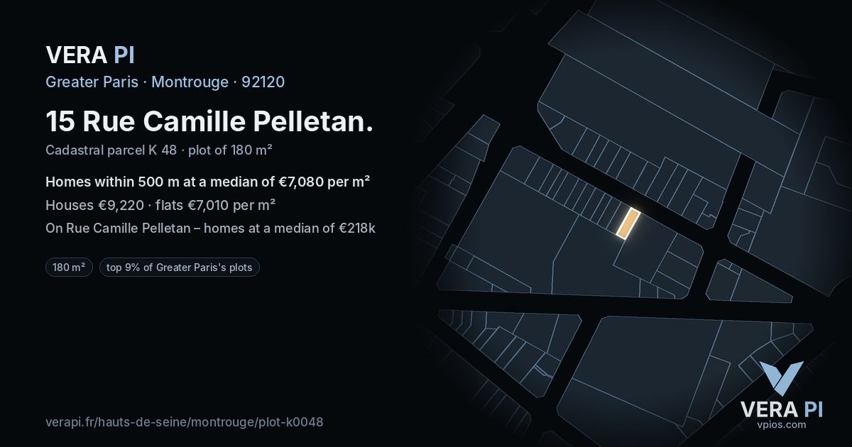 15 Rue Camille Pelletan, Montrouge at night – the plot lit, the parcels around coloured by the prices near them