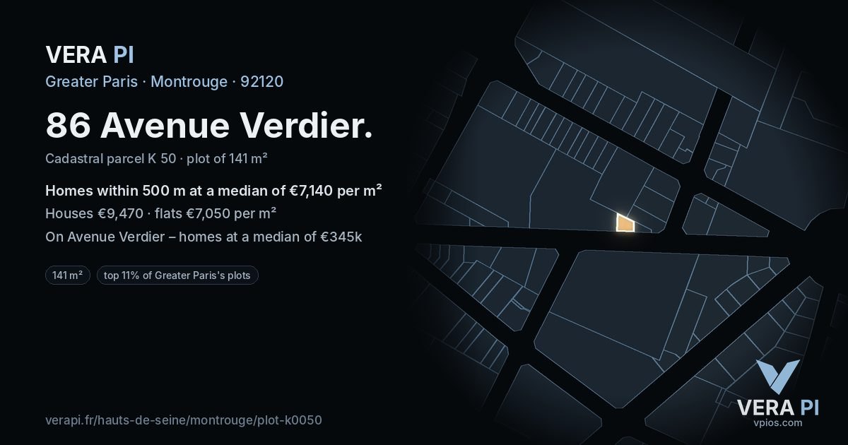 86 Avenue Verdier, Montrouge at night – the plot lit, the parcels around coloured by the prices near them