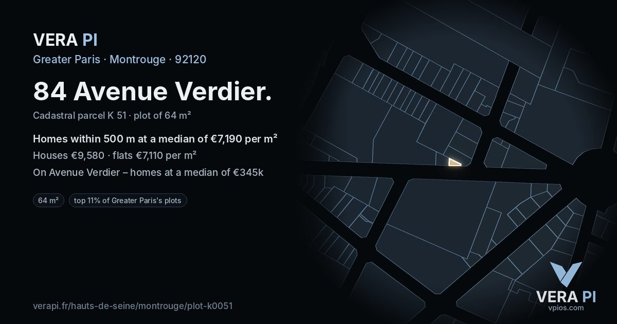 84 Avenue Verdier, Montrouge at night – the plot lit, the parcels around coloured by the prices near them