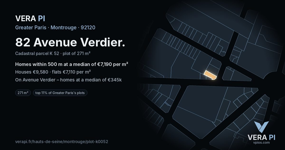 82 Avenue Verdier, Montrouge at night – the plot lit, the parcels around coloured by the prices near them