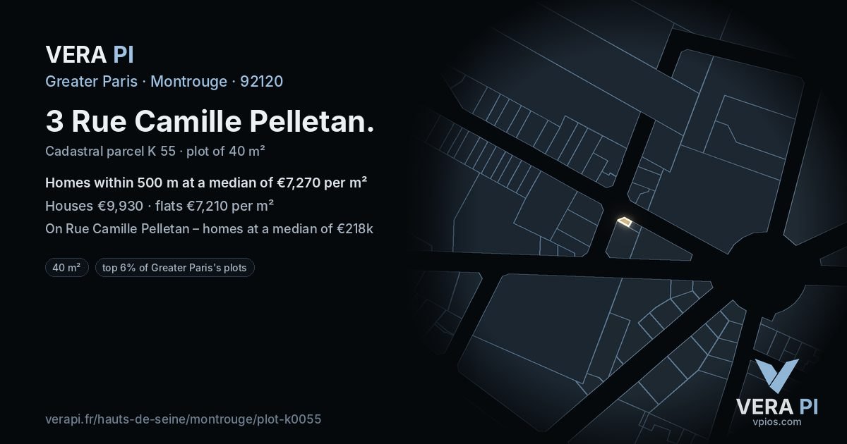 3 Rue Camille Pelletan, Montrouge at night – the plot lit, the parcels around coloured by the prices near them