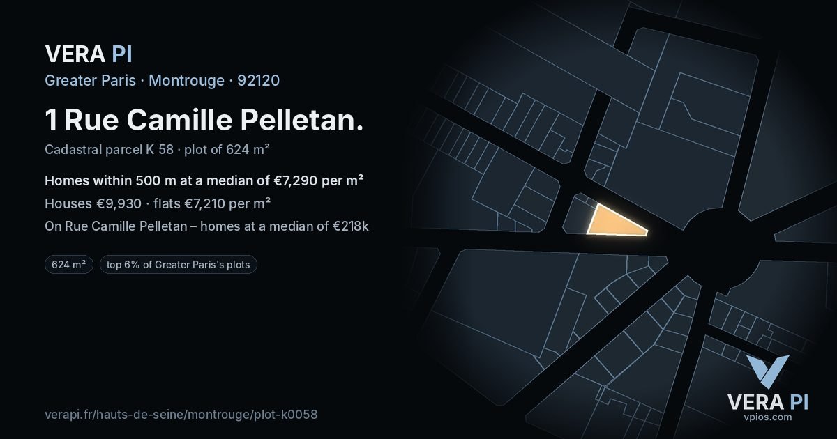 1 Rue Camille Pelletan, Montrouge at night – the plot lit, the parcels around coloured by the prices near them
