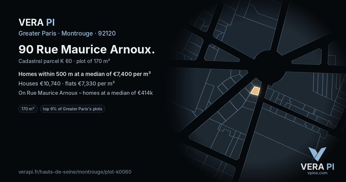 90 Rue Maurice Arnoux, Montrouge at night – the plot lit, the parcels around coloured by the prices near them