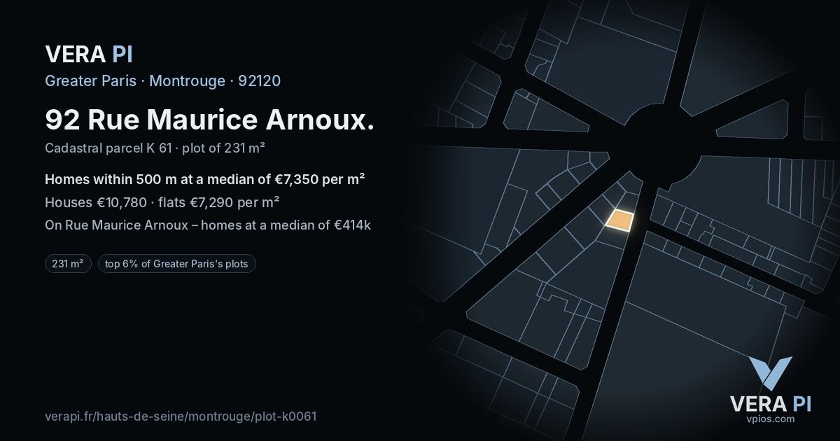 92 Rue Maurice Arnoux, Montrouge at night – the plot lit, the parcels around coloured by the prices near them