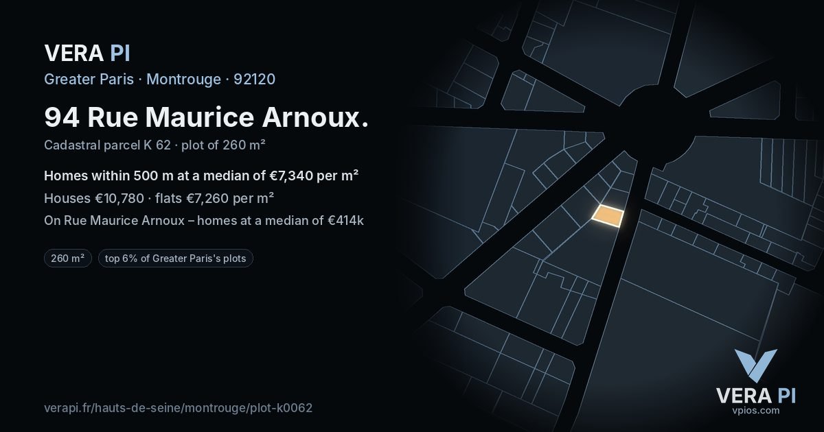 94 Rue Maurice Arnoux, Montrouge at night – the plot lit, the parcels around coloured by the prices near them