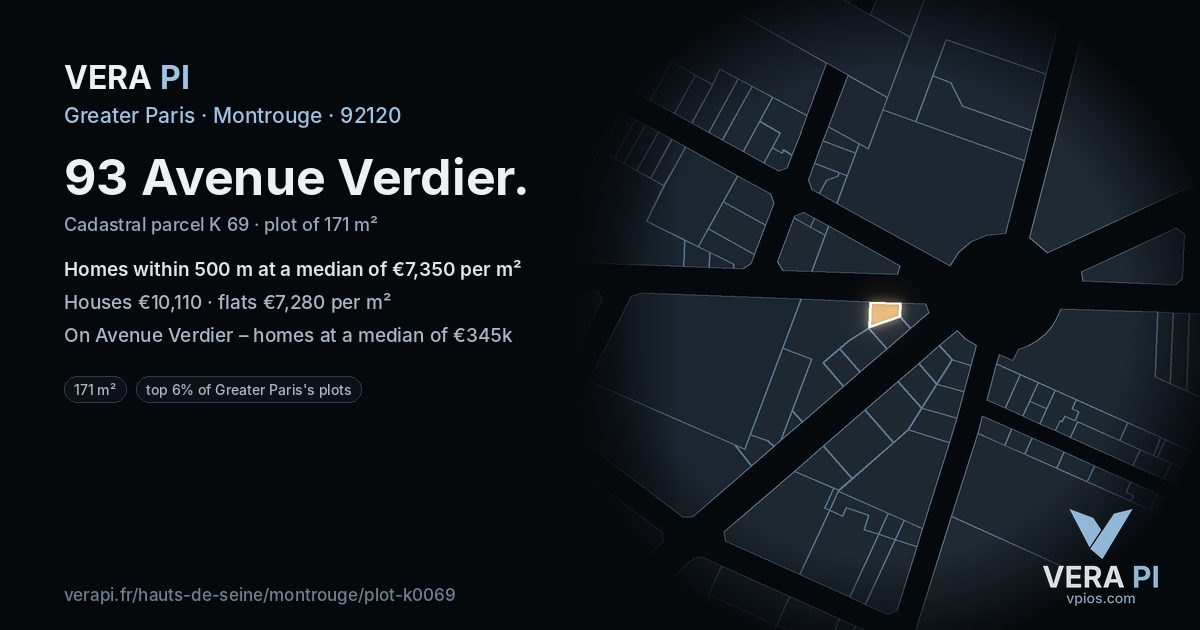 93 Avenue Verdier, Montrouge at night – the plot lit, the parcels around coloured by the prices near them