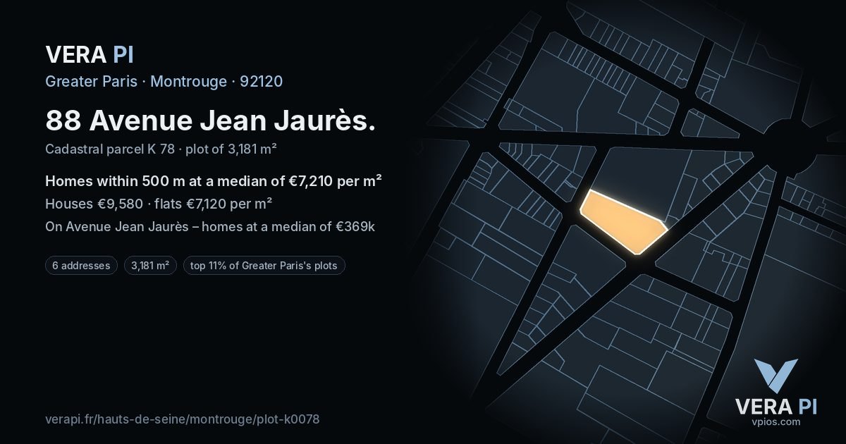 88 Avenue Jean Jaurès, Montrouge at night – the plot lit, the parcels around coloured by the prices near them