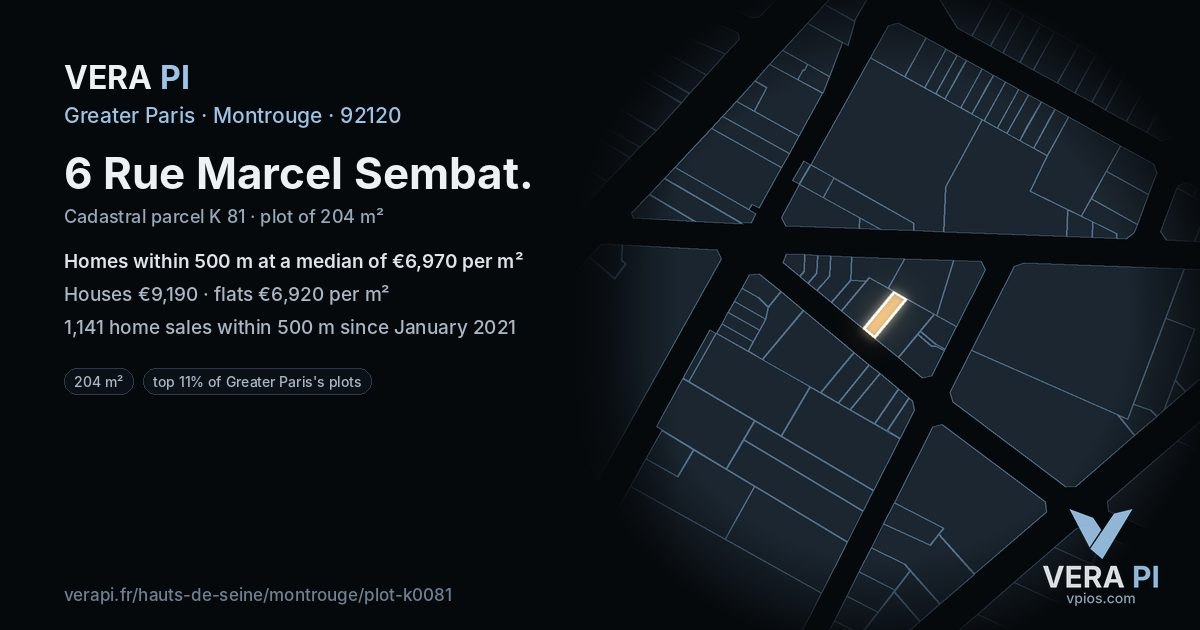 6 Rue Marcel Sembat, Montrouge at night – the plot lit, the parcels around coloured by the prices near them