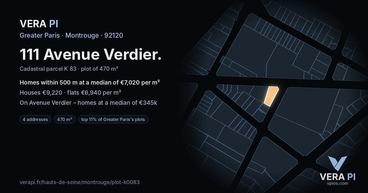 111 Avenue Verdier, Montrouge at night – the plot lit, the parcels around coloured by the prices near them