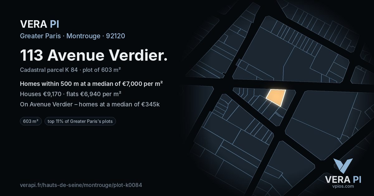 113 Avenue Verdier, Montrouge at night – the plot lit, the parcels around coloured by the prices near them