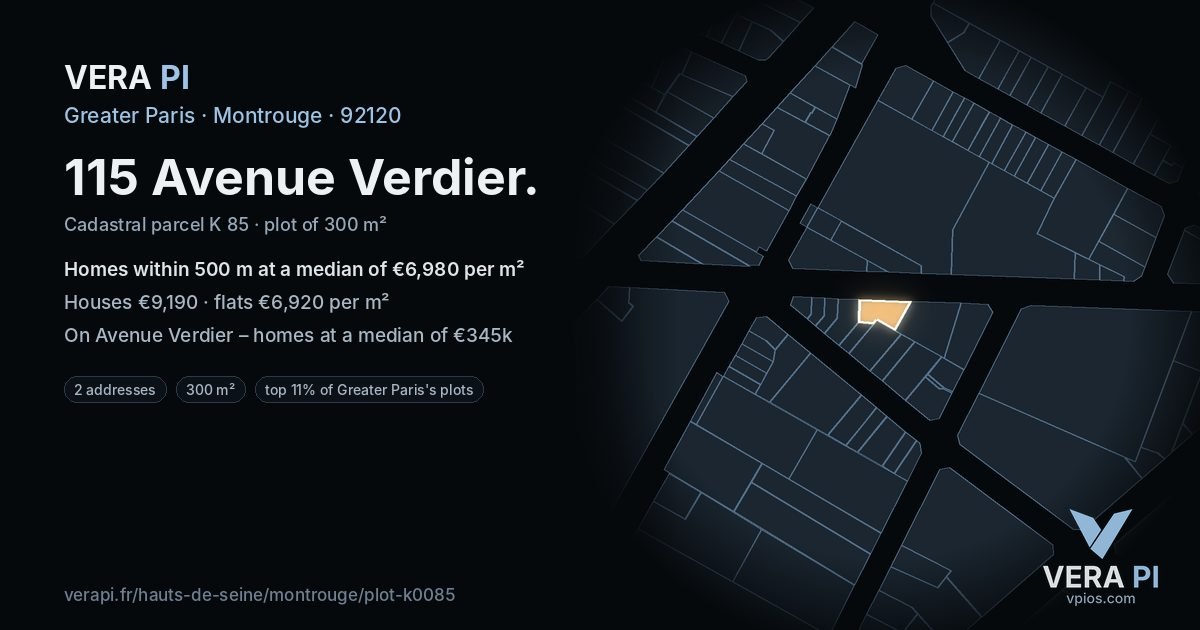 115 Avenue Verdier, Montrouge at night – the plot lit, the parcels around coloured by the prices near them
