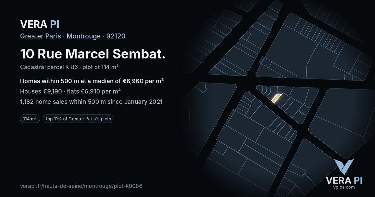 10 Rue Marcel Sembat, Montrouge at night – the plot lit, the parcels around coloured by the prices near them