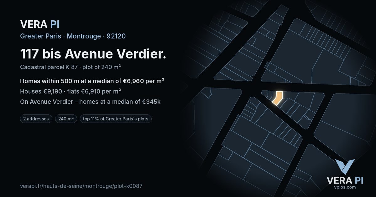 117 bis Avenue Verdier, Montrouge at night – the plot lit, the parcels around coloured by the prices near them