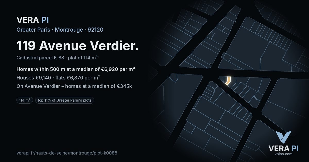 119 Avenue Verdier, Montrouge at night – the plot lit, the parcels around coloured by the prices near them
