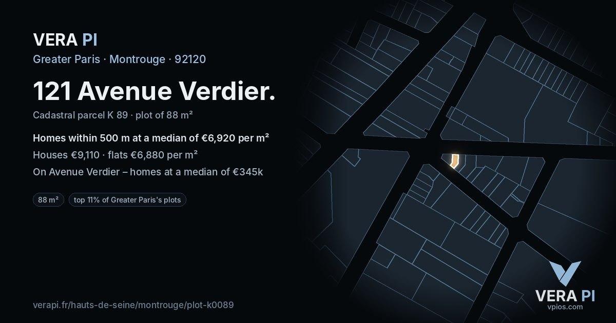 121 Avenue Verdier, Montrouge at night – the plot lit, the parcels around coloured by the prices near them