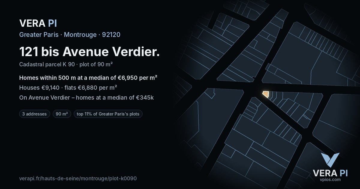 121 bis Avenue Verdier, Montrouge at night – the plot lit, the parcels around coloured by the prices near them