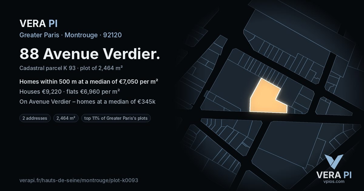 88 Avenue Verdier, Montrouge at night – the plot lit, the parcels around coloured by the prices near them