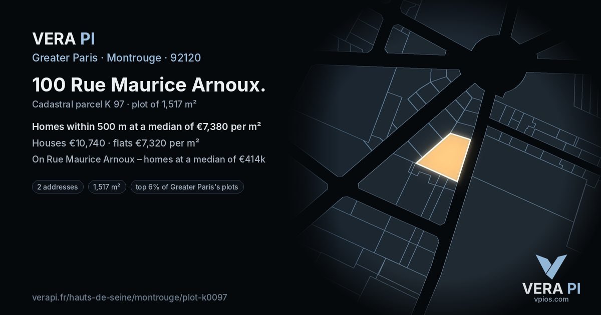 100 Rue Maurice Arnoux, Montrouge at night – the plot lit, the parcels around coloured by the prices near them