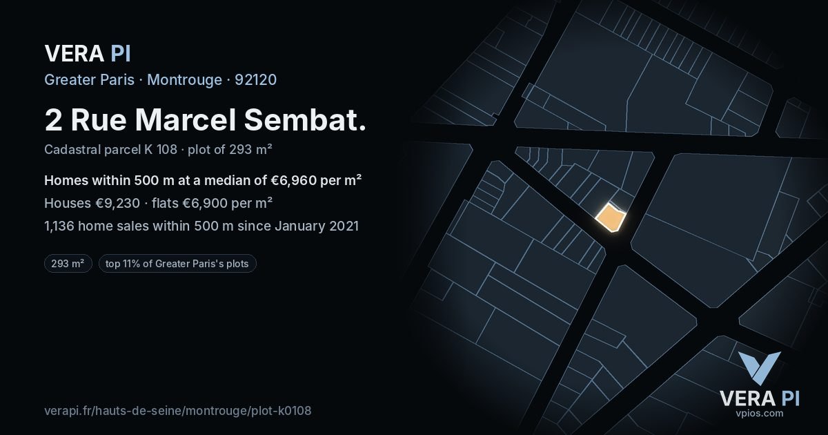 2 Rue Marcel Sembat, Montrouge at night – the plot lit, the parcels around coloured by the prices near them