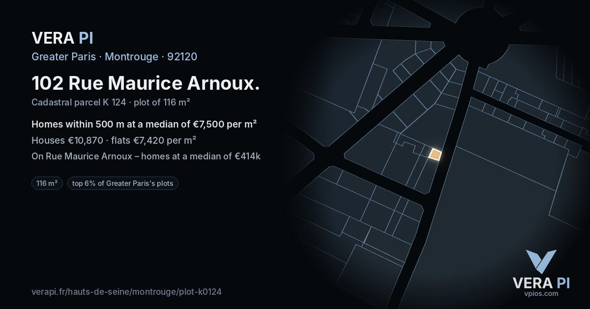 102 Rue Maurice Arnoux, Montrouge at night – the plot lit, the parcels around coloured by the prices near them
