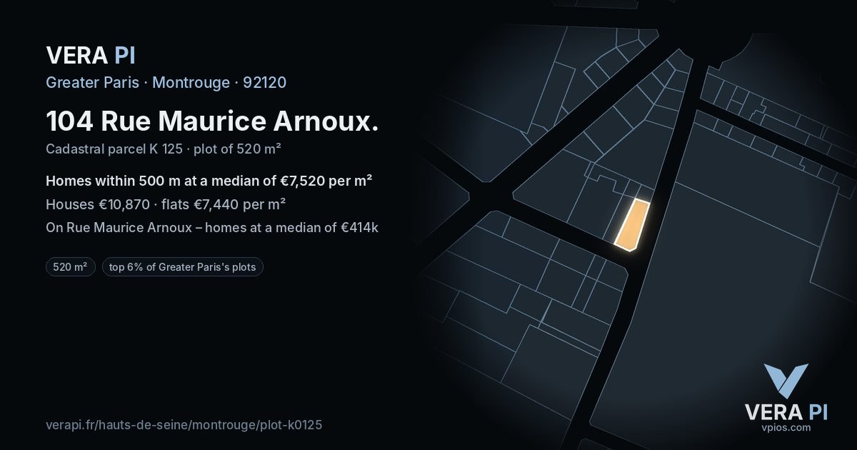 104 Rue Maurice Arnoux, Montrouge at night – the plot lit, the parcels around coloured by the prices near them