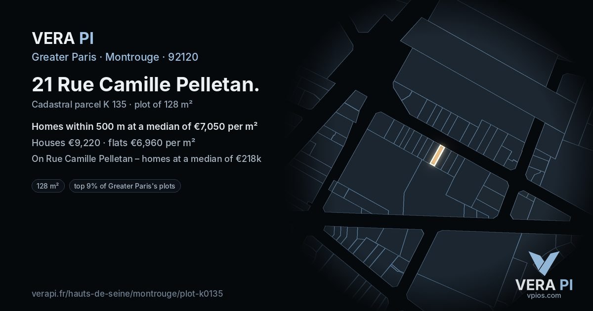 21 Rue Camille Pelletan, Montrouge at night – the plot lit, the parcels around coloured by the prices near them