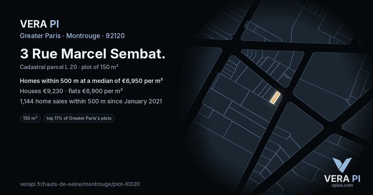 3 Rue Marcel Sembat, Montrouge at night – the plot lit, the parcels around coloured by the prices near them
