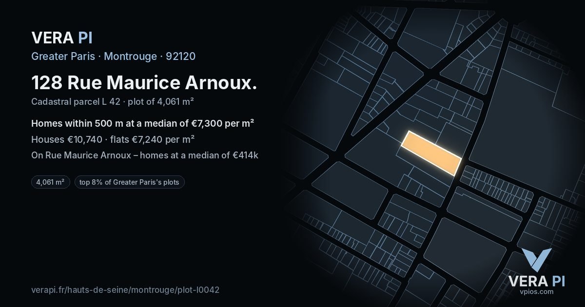 128 Rue Maurice Arnoux, Montrouge at night – the plot lit, the parcels around coloured by the prices near them