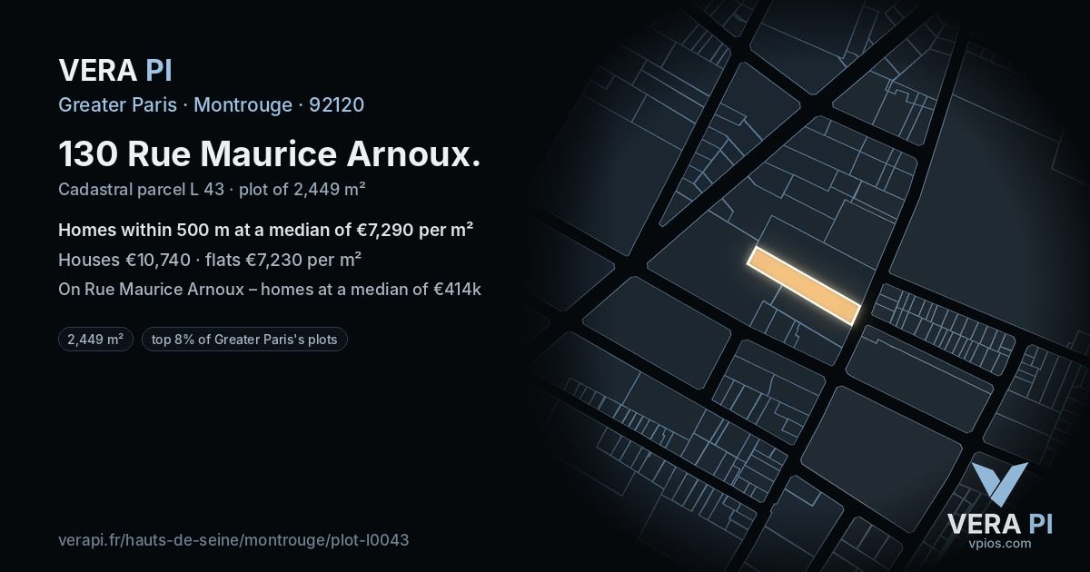 130 Rue Maurice Arnoux, Montrouge at night – the plot lit, the parcels around coloured by the prices near them