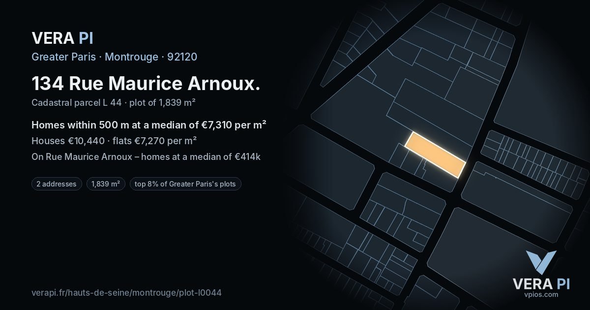 134 Rue Maurice Arnoux, Montrouge at night – the plot lit, the parcels around coloured by the prices near them