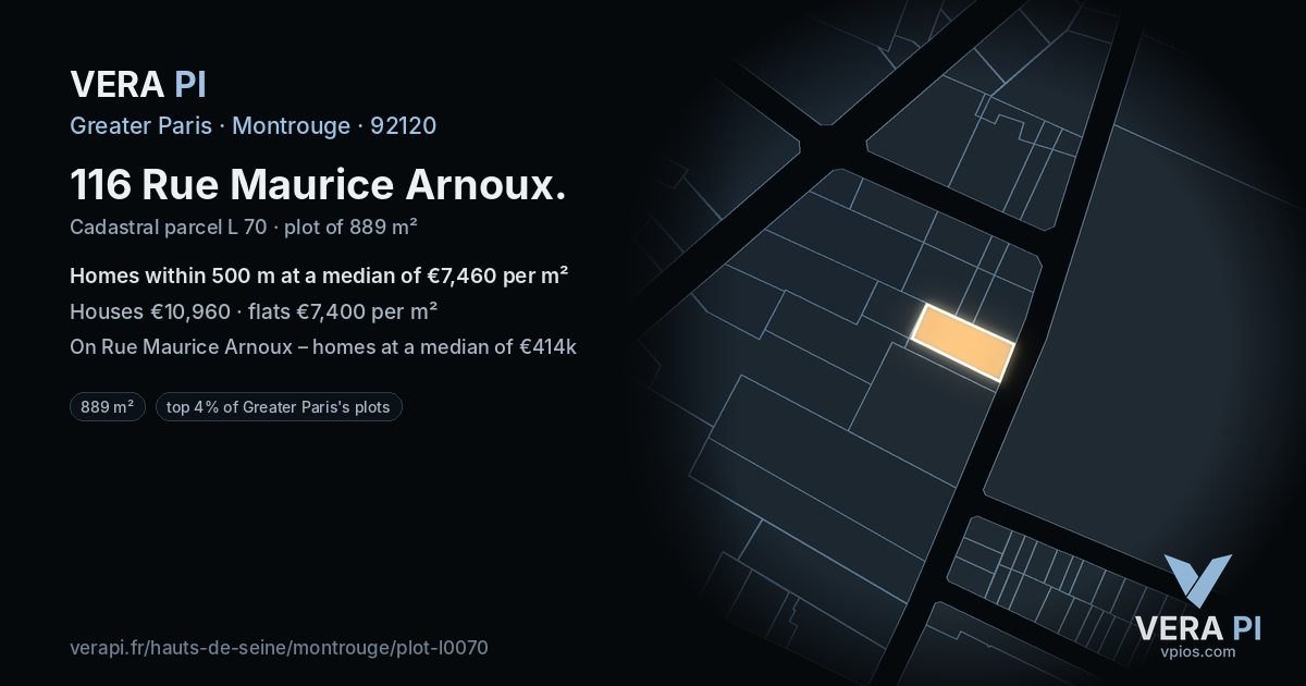 116 Rue Maurice Arnoux, Montrouge at night – the plot lit, the parcels around coloured by the prices near them