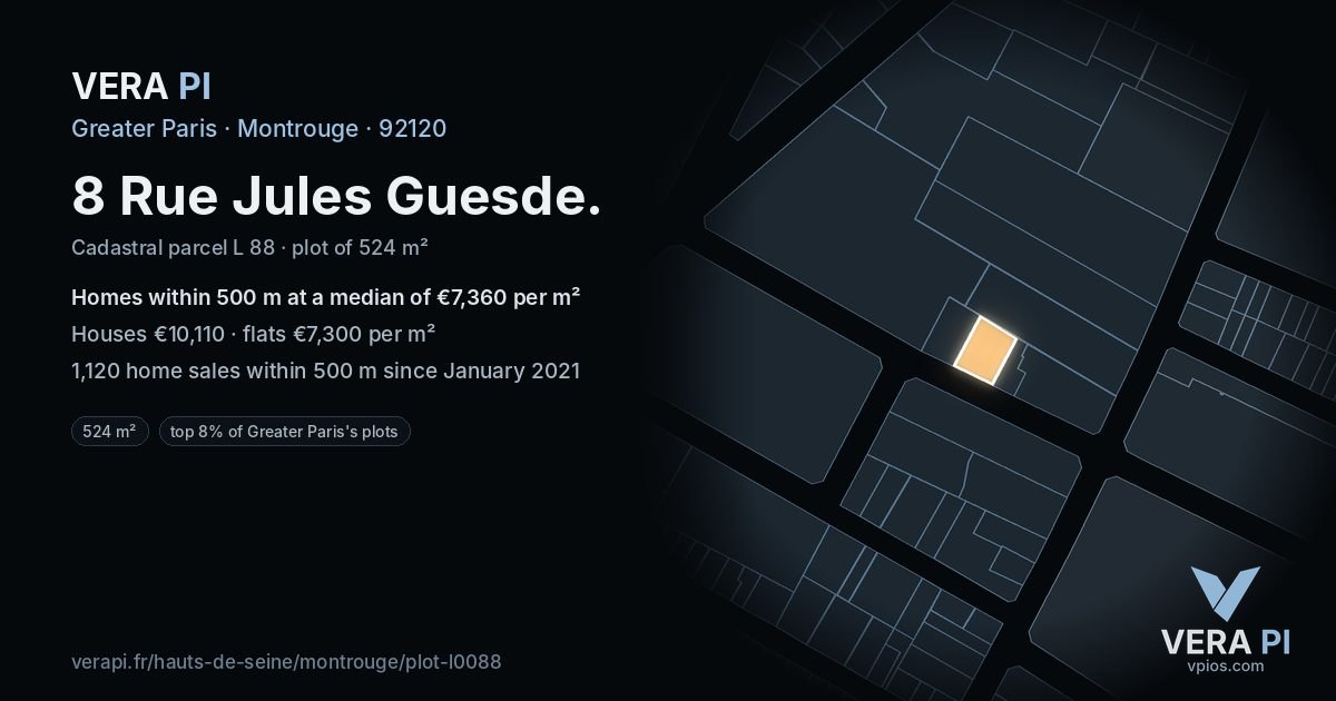 8 Rue Jules Guesde, Montrouge at night – the plot lit, the parcels around coloured by the prices near them
