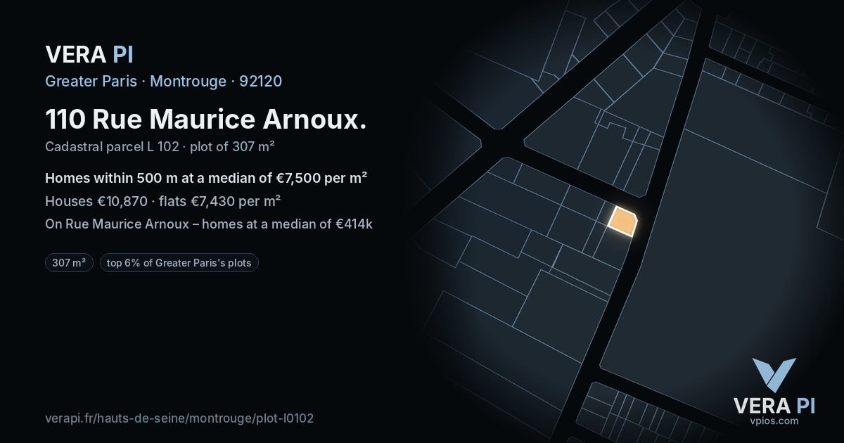 110 Rue Maurice Arnoux, Montrouge at night – the plot lit, the parcels around coloured by the prices near them