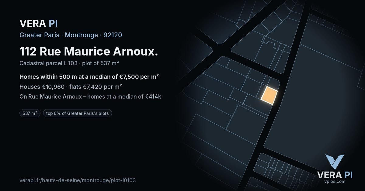 112 Rue Maurice Arnoux, Montrouge at night – the plot lit, the parcels around coloured by the prices near them