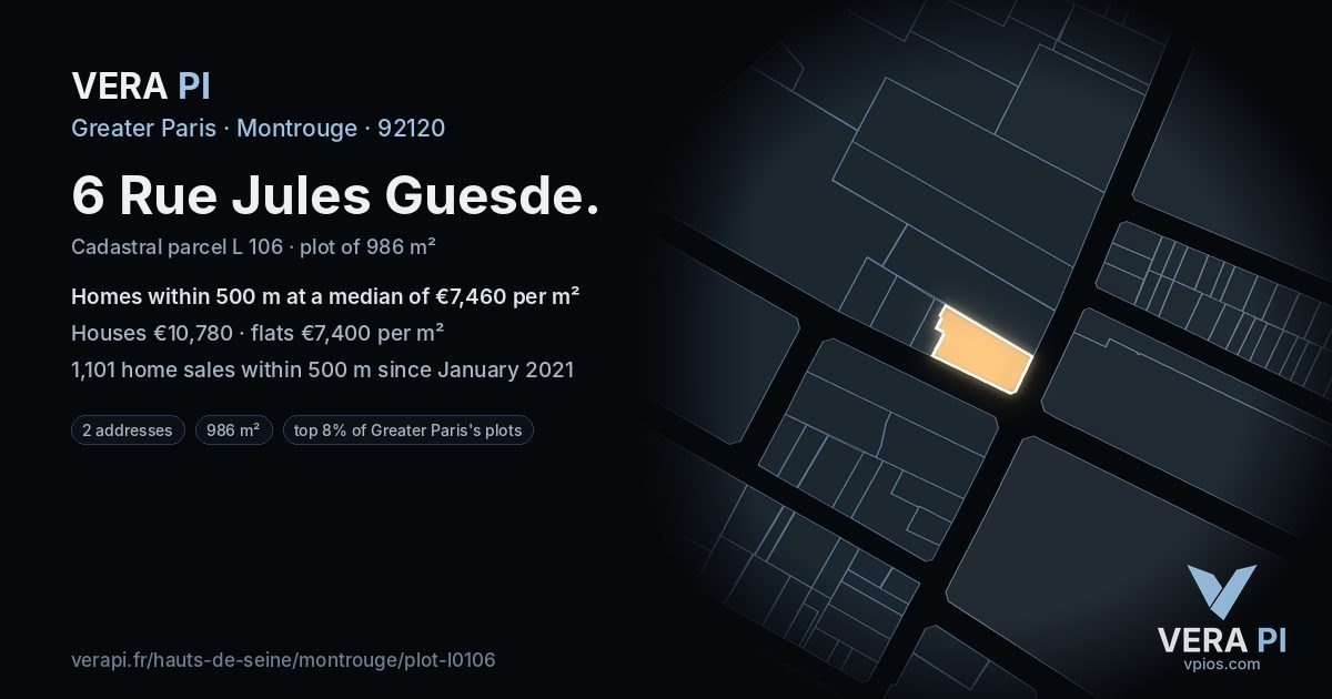 6 Rue Jules Guesde, Montrouge at night – the plot lit, the parcels around coloured by the prices near them