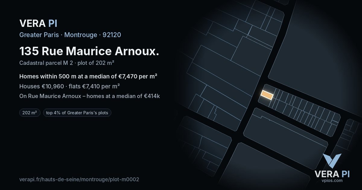 135 Rue Maurice Arnoux, Montrouge at night – the plot lit, the parcels around coloured by the prices near them