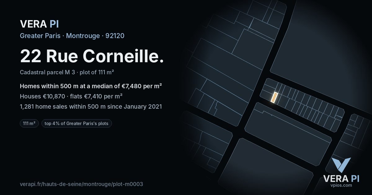22 Rue Corneille, Montrouge at night – the plot lit, the parcels around coloured by the prices near them