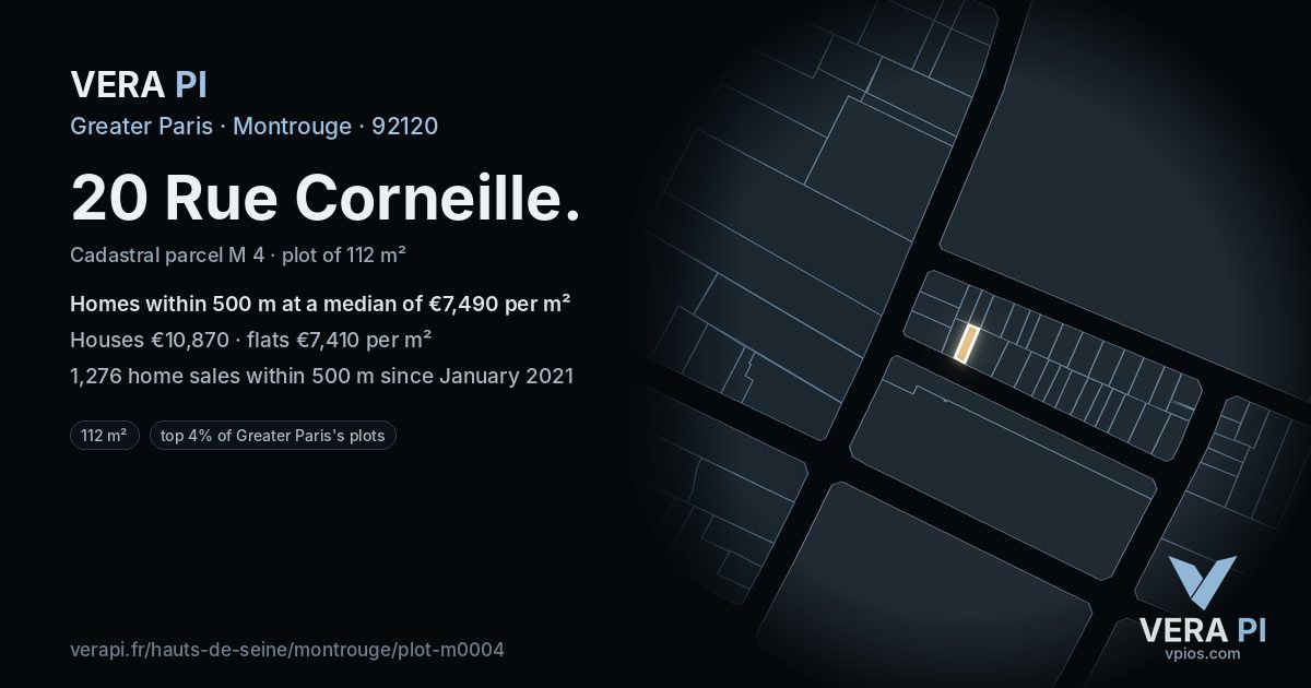 20 Rue Corneille, Montrouge at night – the plot lit, the parcels around coloured by the prices near them