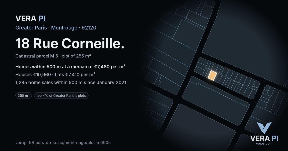 18 Rue Corneille, Montrouge at night – the plot lit, the parcels around coloured by the prices near them