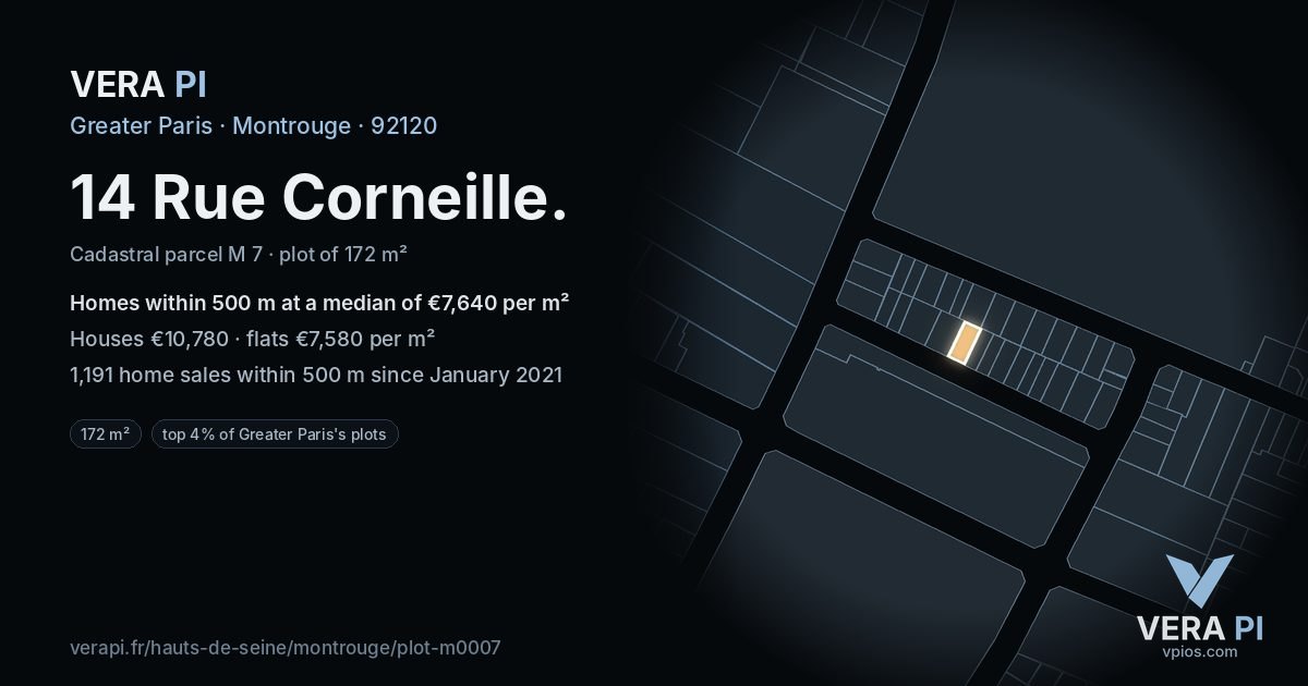 14 Rue Corneille, Montrouge at night – the plot lit, the parcels around coloured by the prices near them