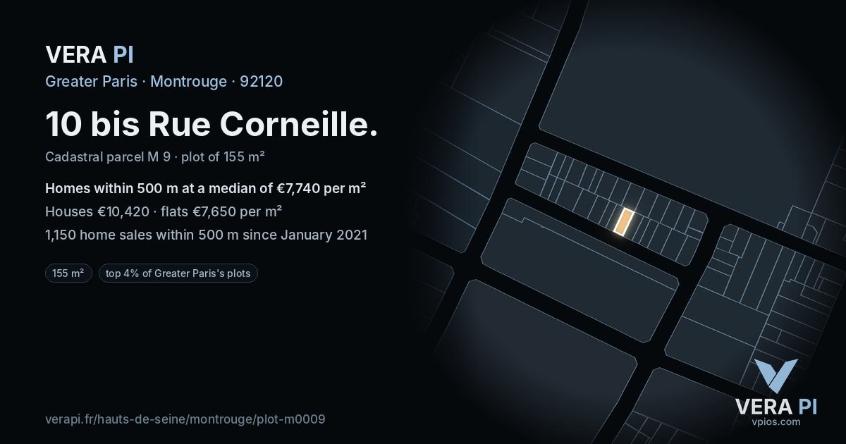 10 bis Rue Corneille, Montrouge at night – the plot lit, the parcels around coloured by the prices near them