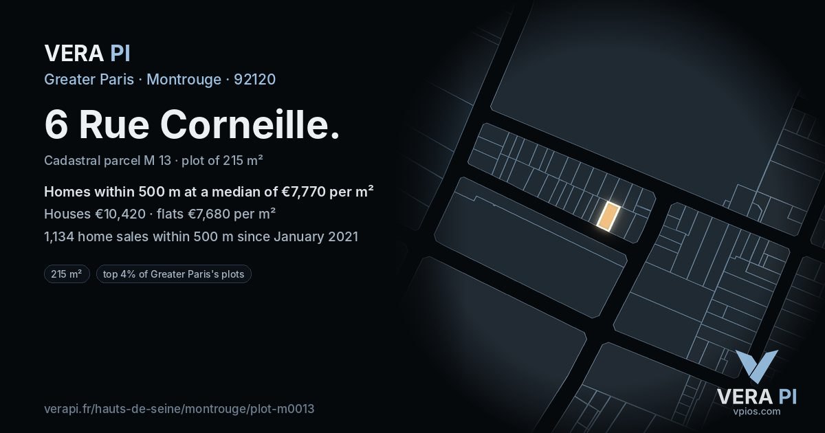 6 Rue Corneille, Montrouge at night – the plot lit, the parcels around coloured by the prices near them