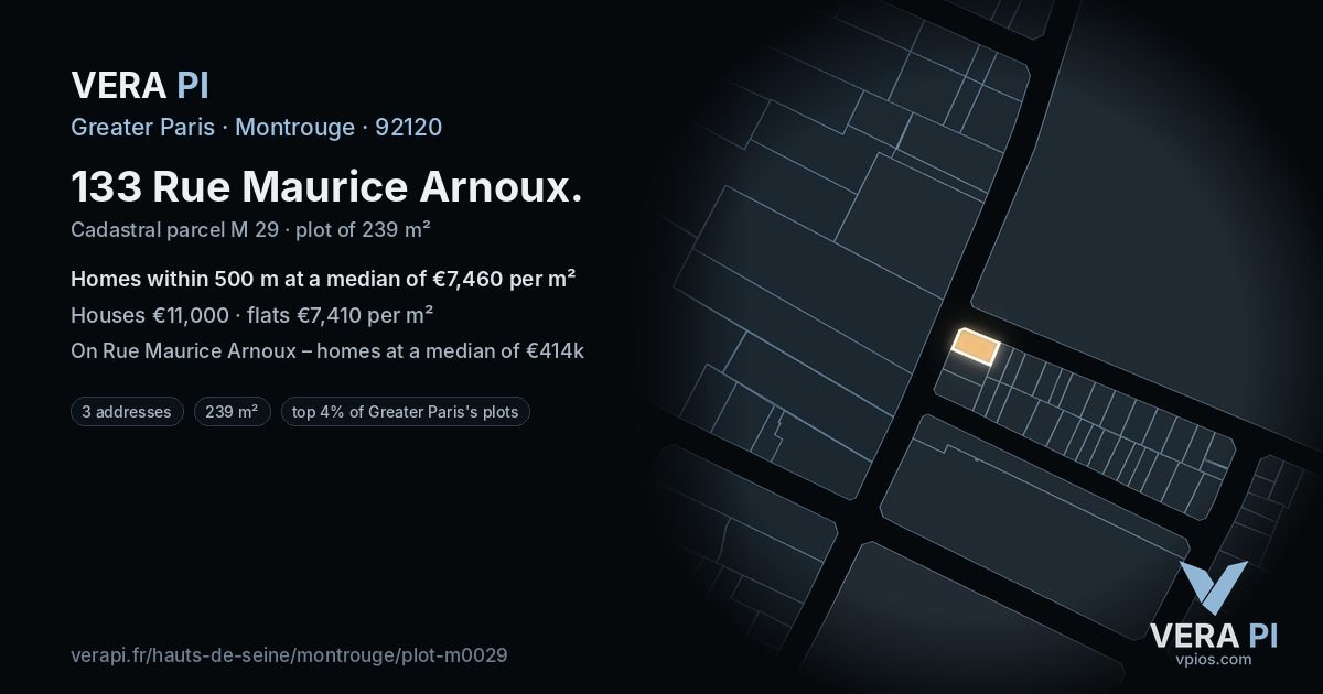 133 Rue Maurice Arnoux, Montrouge at night – the plot lit, the parcels around coloured by the prices near them