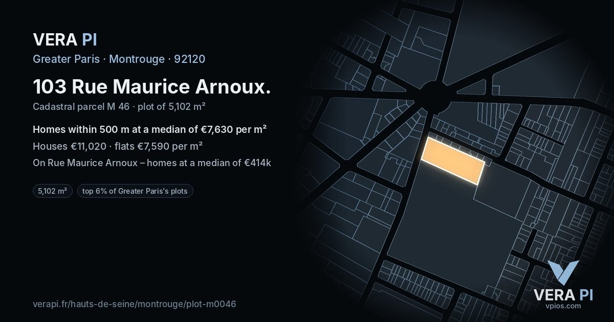 103 Rue Maurice Arnoux, Montrouge at night – the plot lit, the parcels around coloured by the prices near them