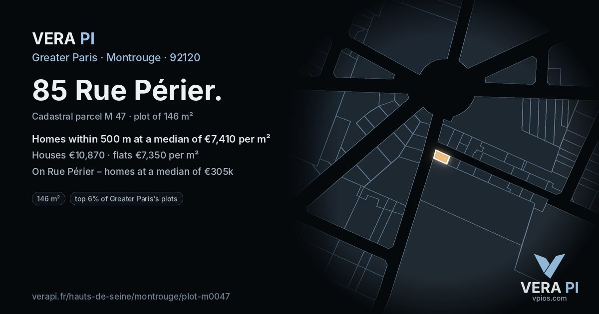 85 Rue Périer, Montrouge at night – the plot lit, the parcels around coloured by the prices near them