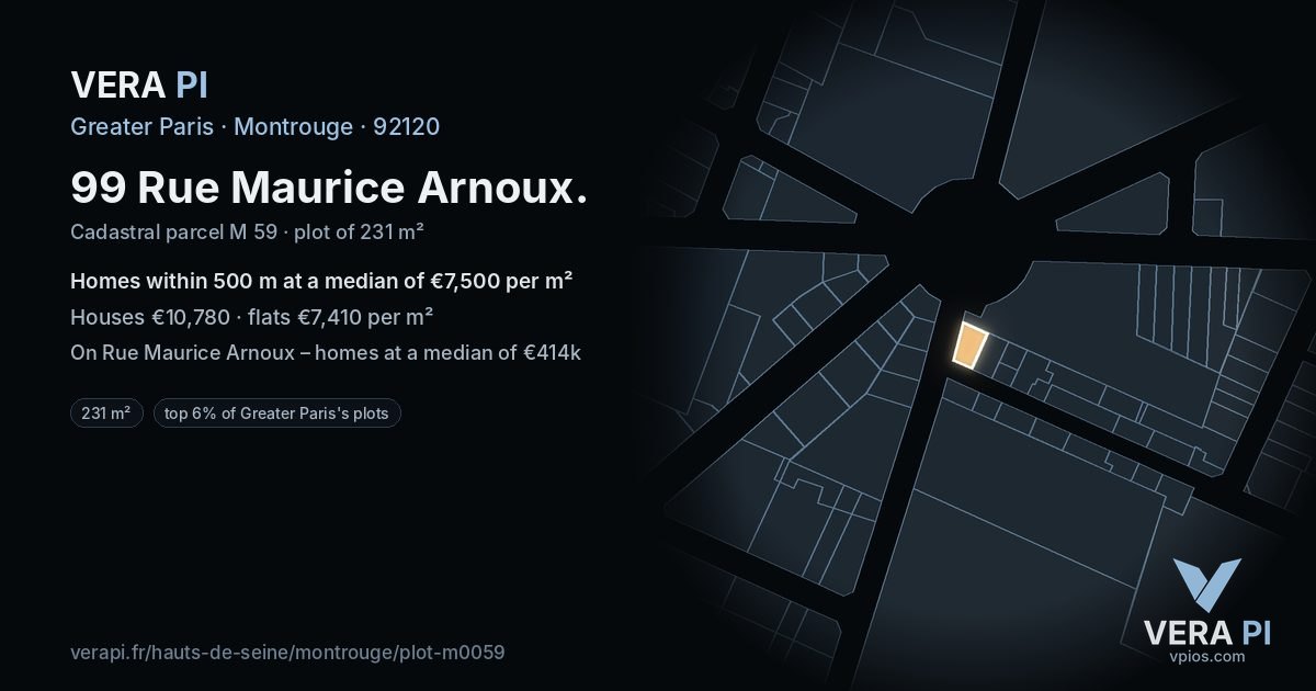 99 Rue Maurice Arnoux, Montrouge at night – the plot lit, the parcels around coloured by the prices near them