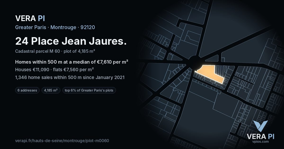 24 Place Jean Jaures, Montrouge at night – the plot lit, the parcels around coloured by the prices near them
