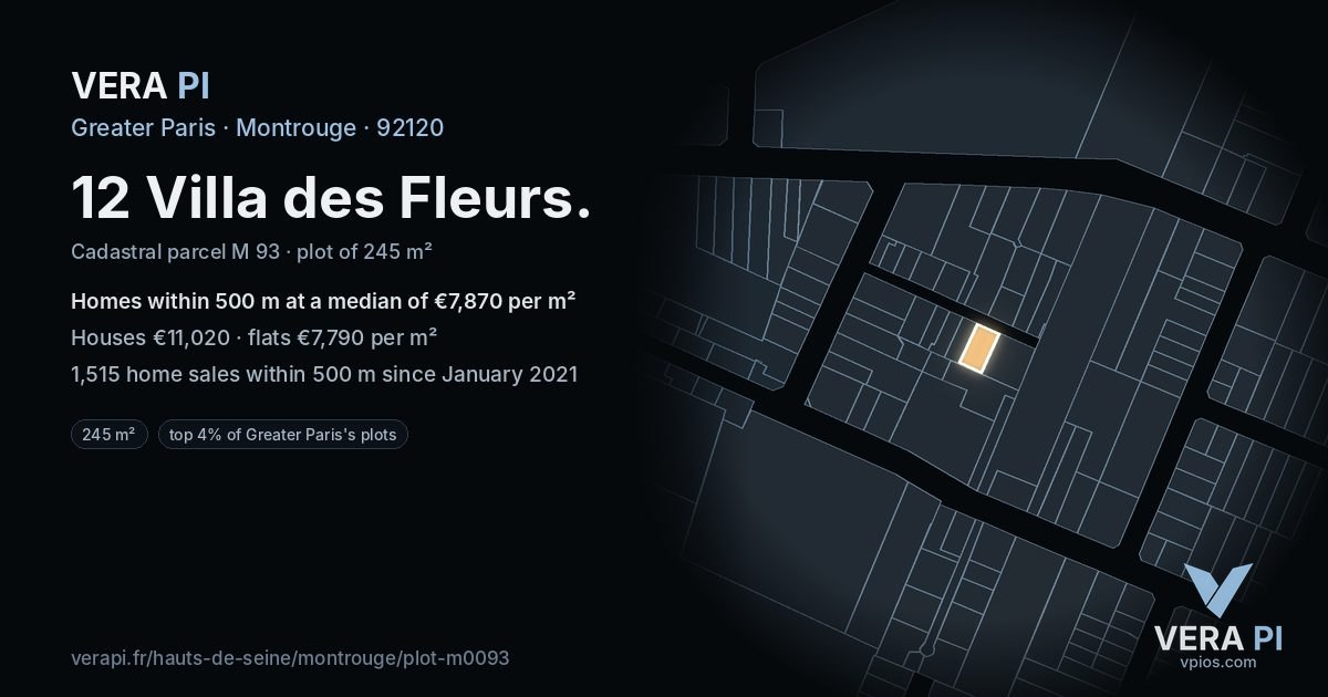 12 Villa des Fleurs, Montrouge at night – the plot lit, the parcels around coloured by the prices near them