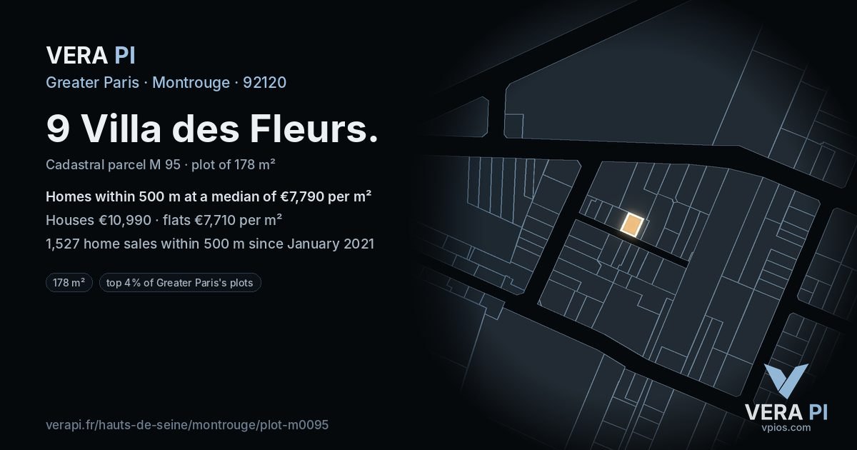9 Villa des Fleurs, Montrouge at night – the plot lit, the parcels around coloured by the prices near them